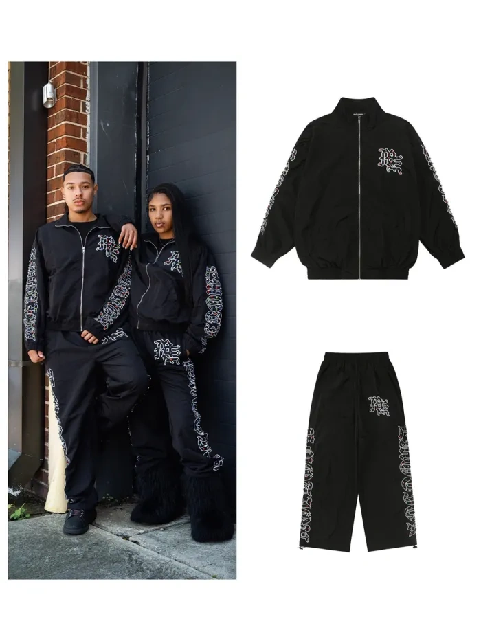 Mixed Emotion Embroidered Logo Colorful Rhinestone Nylon Jacket & Pants Set