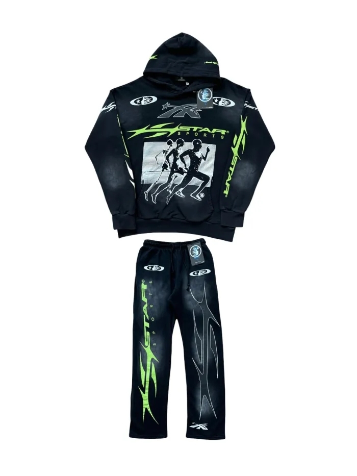 Hellstar Running Man Letter Print Sports Washed Version hoodie & pants set