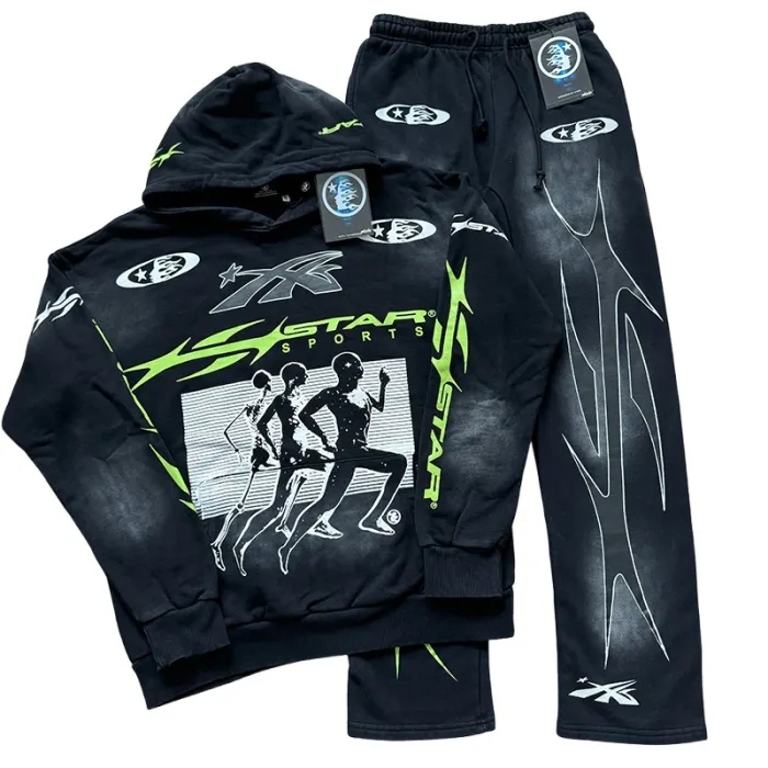 Hellstar Running Man Letter Print Sports Washed Version hoodie & pants set