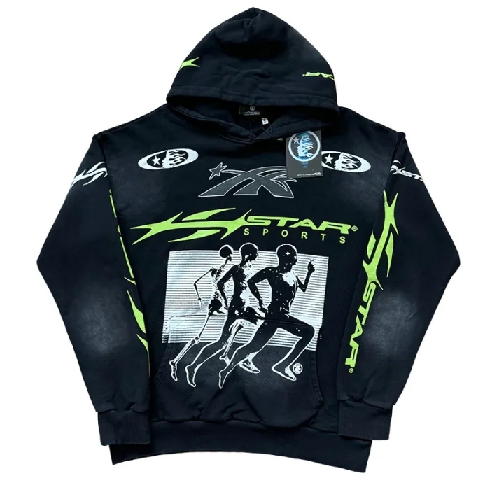 Hellstar Running Man Letter Print Sports Washed Version hoodie & pants set