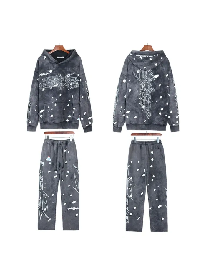 Hellstar Black and white dot printed Washed Version hoodie & pants set