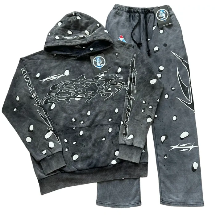 Hellstar Black and white dot printed Washed Version hoodie & pants set