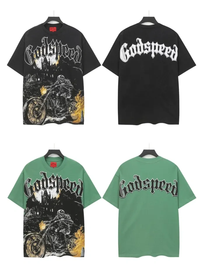 Godspeed Skull Riding a motorcycle print Washed Version Tee 2 colors