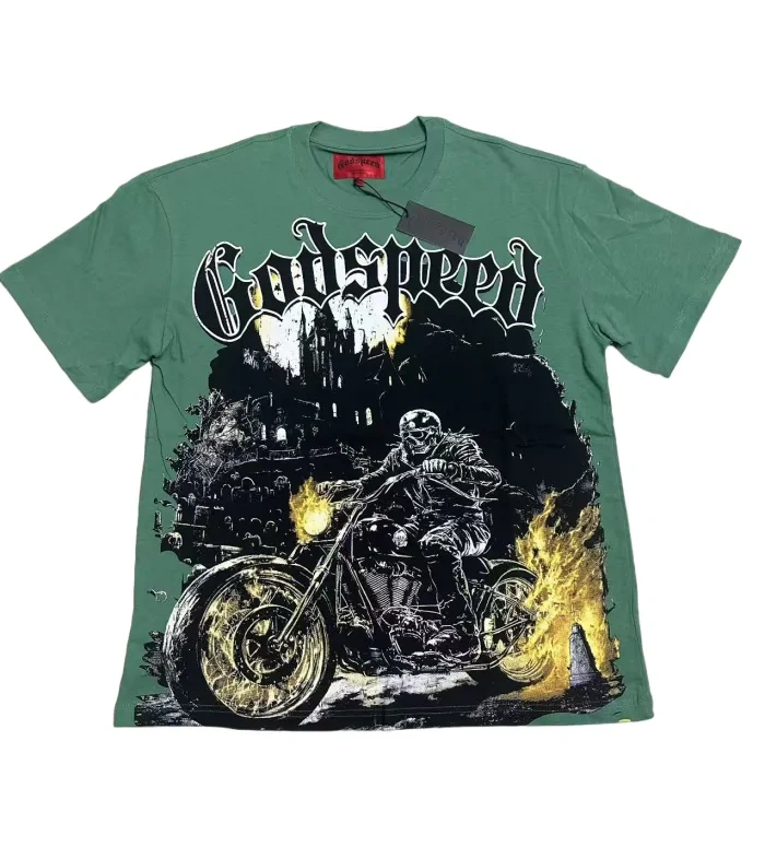 Godspeed Skull Riding a motorcycle print Washed Version Tee 2 colors
