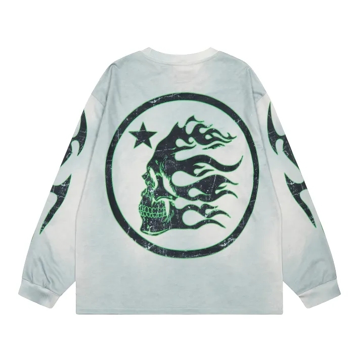 Hellstar green letter Print Washed Version Long-Sleeve T-Shirt