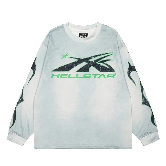 Hellstar green letter Print Washed Version Long-Sleeve T-Shirt