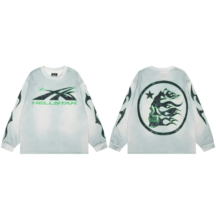 Hellstar green letter Print Washed Version Long-Sleeve T-Shirt