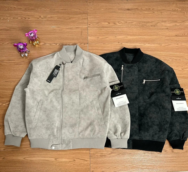 Stone Island PU Leather Baseball Jacket Black Grey