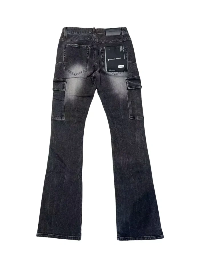 1:1 quality version Purple Brand Washed black Cargo Flared Jeans Black