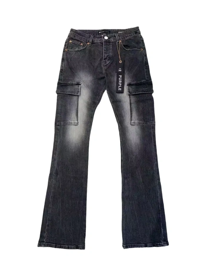 1:1 quality version Purple Brand Washed black Cargo Flared Jeans Black