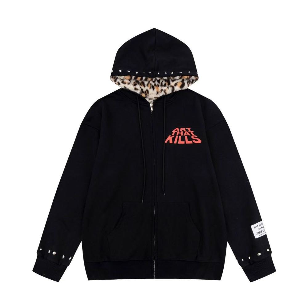 Gallery Dept Leopard Print Hood Hoodie Zip Black