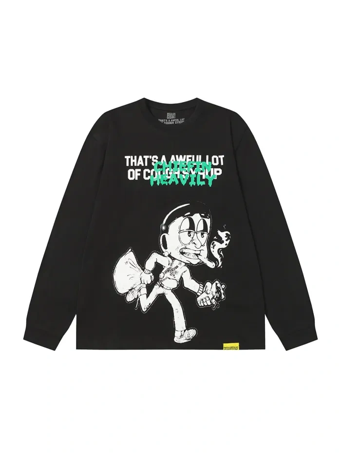Thats Awful A Lot Of Cough Syrup Cartoon Character Alphabet Print Long Sleeve Shirt 2 colors
