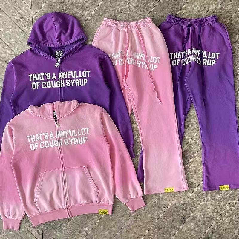 Thats A Awful Lot Of Cough Syrup Cracked Letter Print Washed Version Hoodie & Pants Set 2 colors