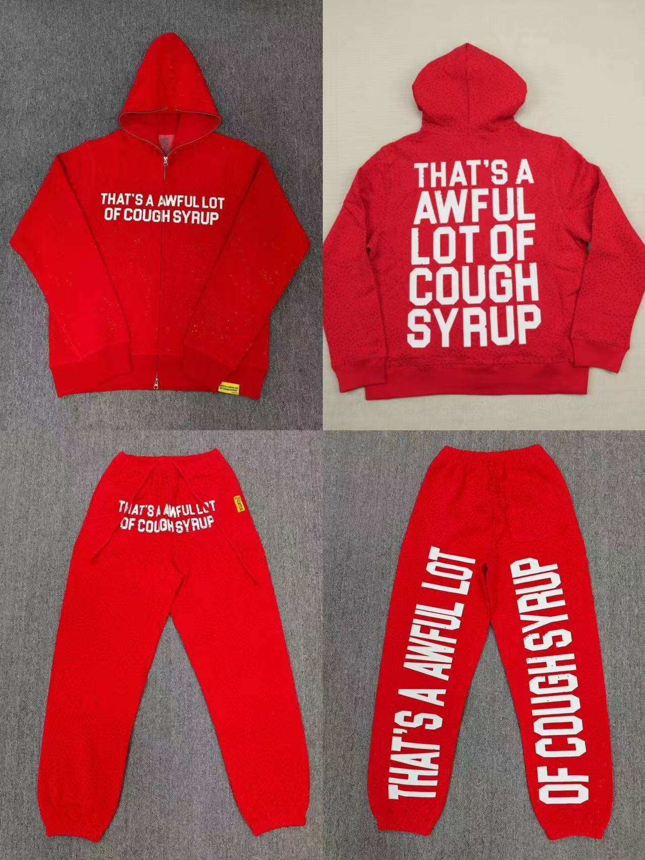 1:1 Thats A Awful Lot Of Cough Syrup Rhinestone Zip Hoodie And Pants Red