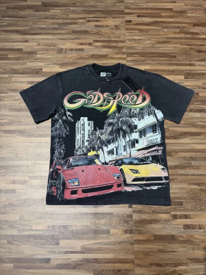 Godspeed Miami Sports Car G Black Distressed Short-sleeved T-shirt
