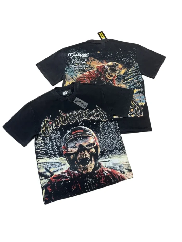 Godspeed Vintage snow skiing skeleton distressed washed print T-shirt