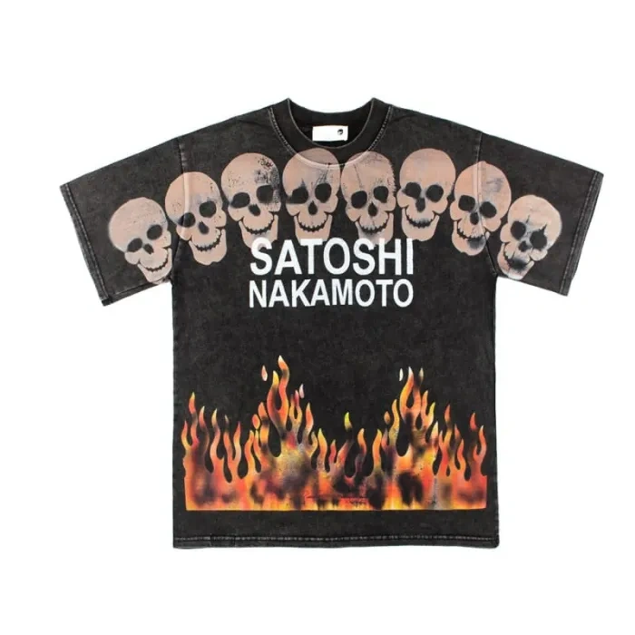 Satoshi Fire Skull Shirt Washed Black