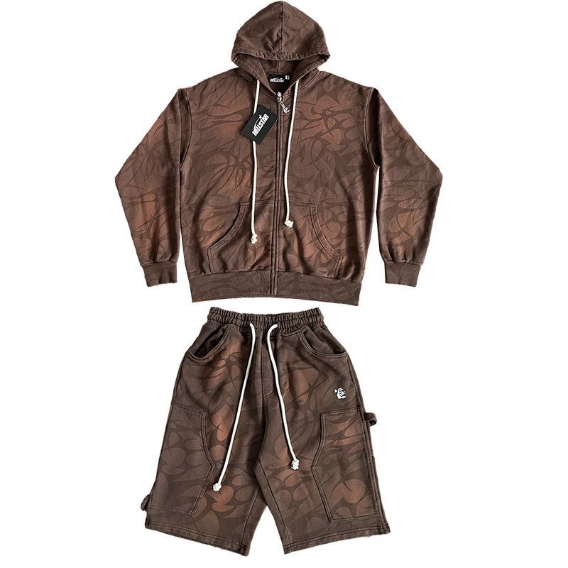 Hellstar Studios Thorn Print Washed Cargo Hoodie Shorts Brown