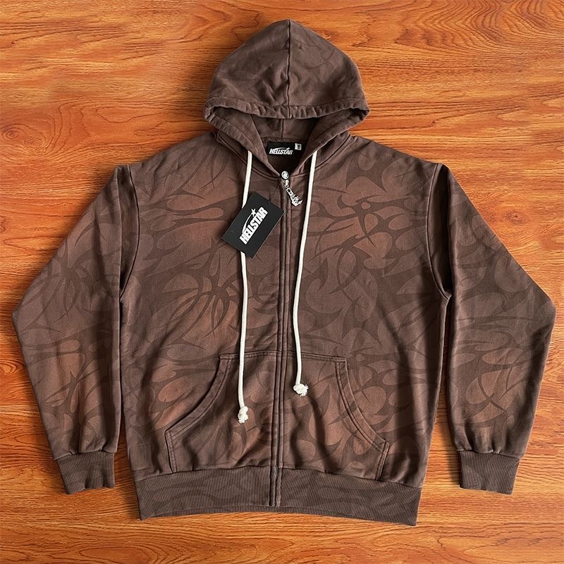 Hellstar Studios Thorn Print Washed Cargo Hoodie Shorts Brown