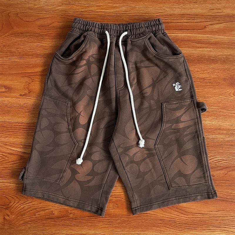 Hellstar Studios Thorn Print Washed Cargo Hoodie Shorts Brown