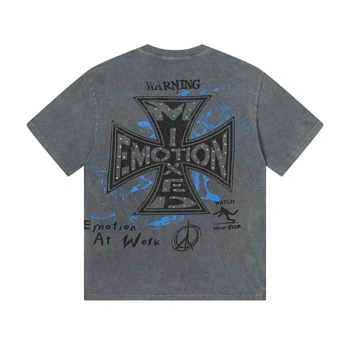 Mixed Emotion Gray Tone Cross Three Angels Rhinestone Print Washed Tee