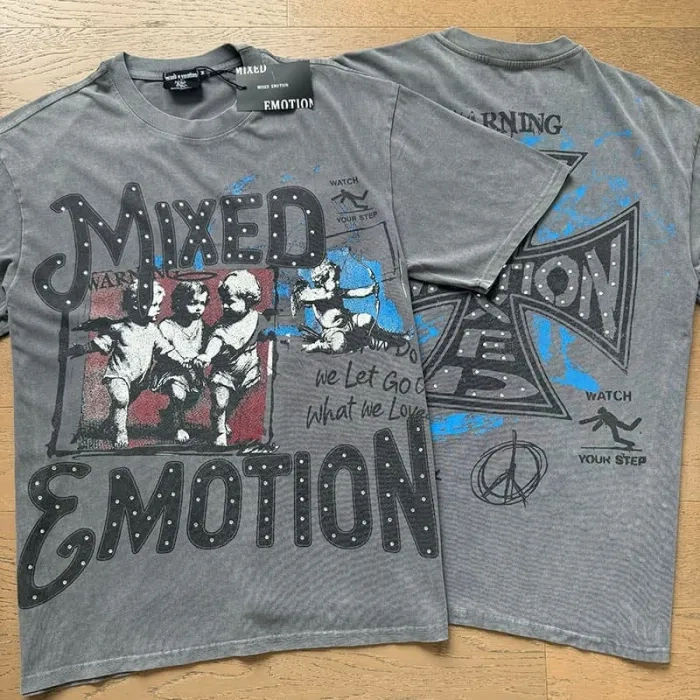 Mixed Emotion Gray Tone Cross Three Angels Rhinestone Print Washed Tee