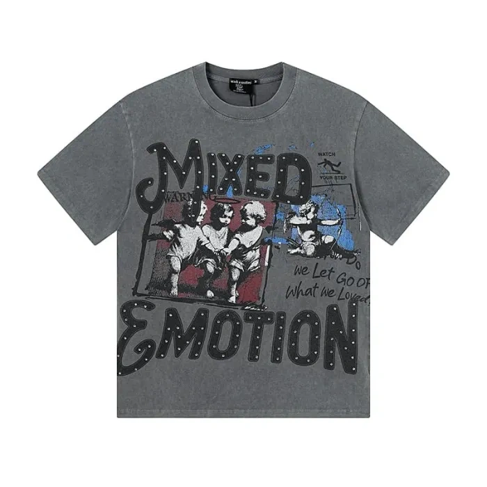 Mixed Emotion Gray Tone Cross Three Angels Rhinestone Print Washed Tee