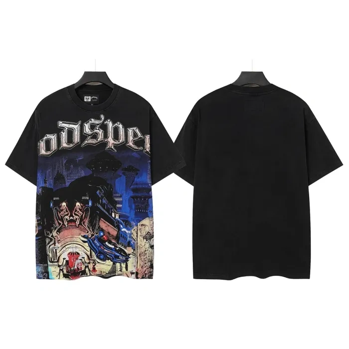 Godspeed Future Urban Police And Gangster Rhinestone Print Washed Tee
