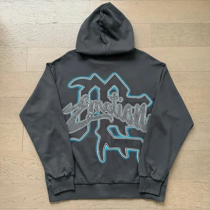 Mixed Emotion Wreath Blindfolded Cupid Rhinestone Zipper Print Washed Hoodie