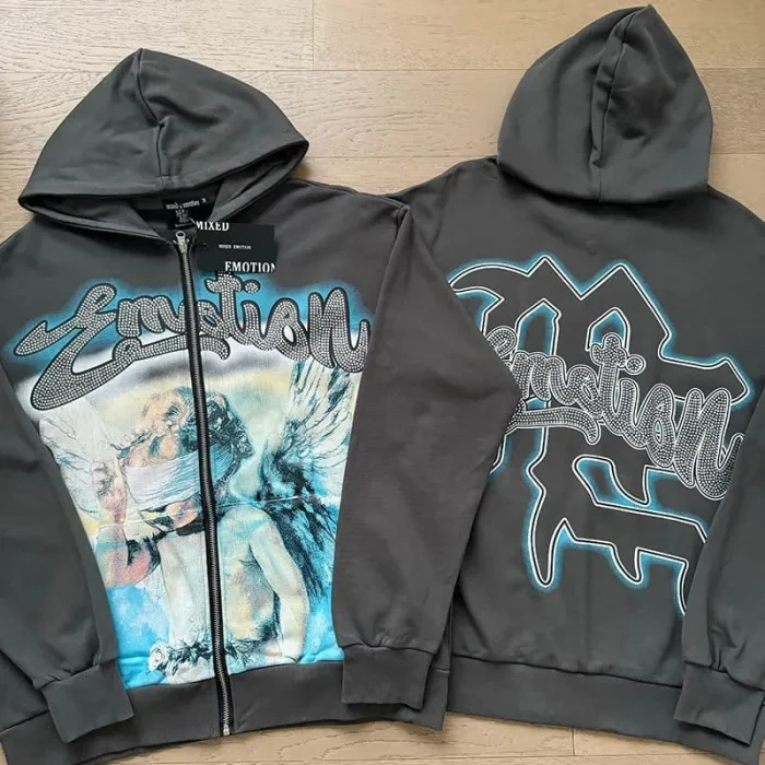 Mixed Emotion Wreath Blindfolded Cupid Rhinestone Zipper Print Washed Hoodie