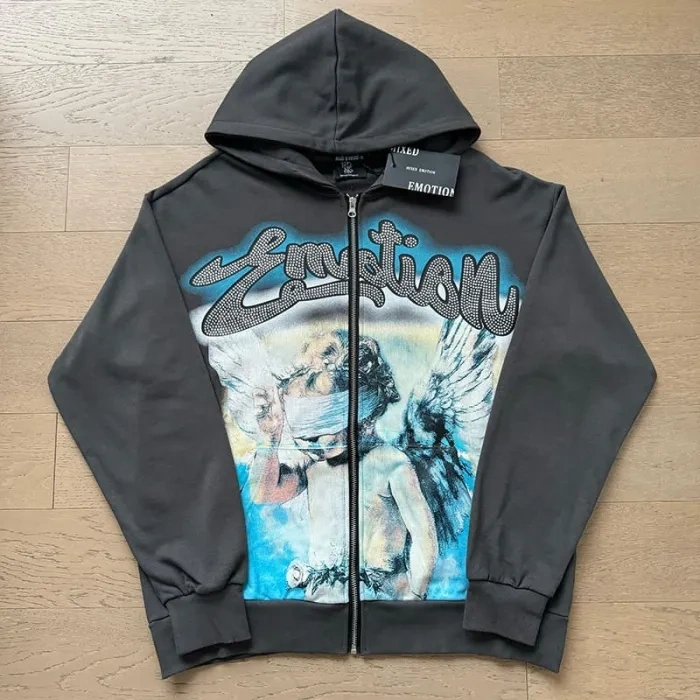 Mixed Emotion Wreath Blindfolded Cupid Rhinestone Zipper Print Washed Hoodie