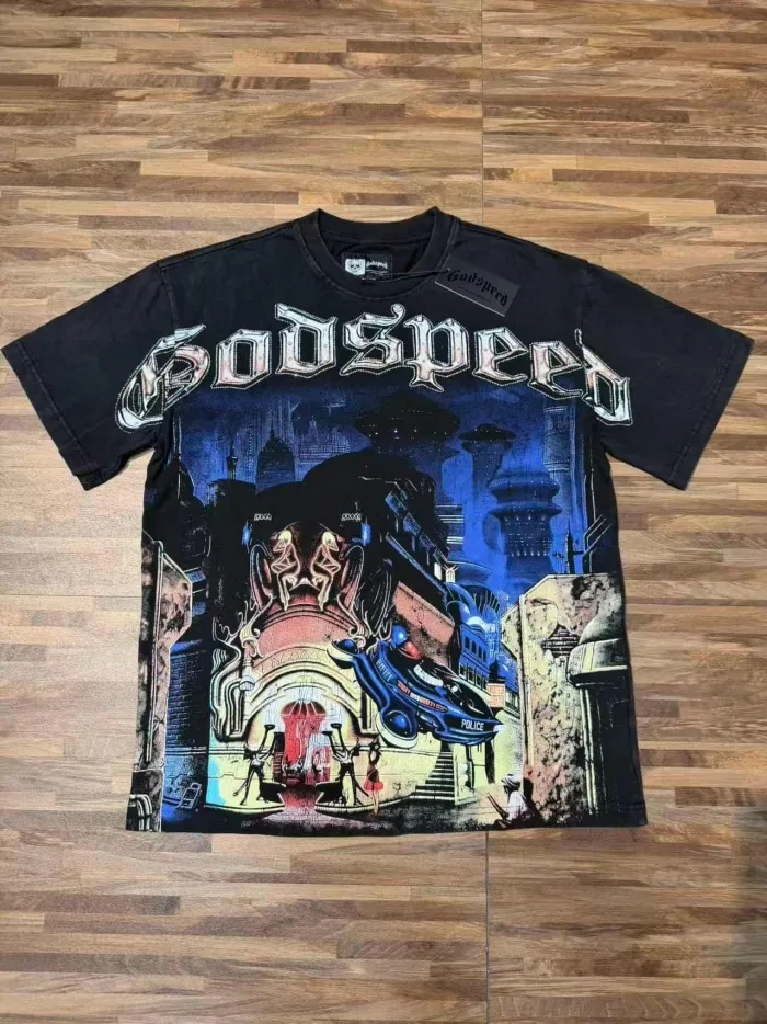 Godspeed Future Urban Police And Gangster Rhinestone Print Washed Tee