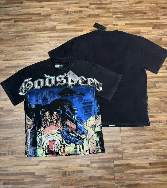 Godspeed Future Urban Police And Gangster Rhinestone Print Washed Tee