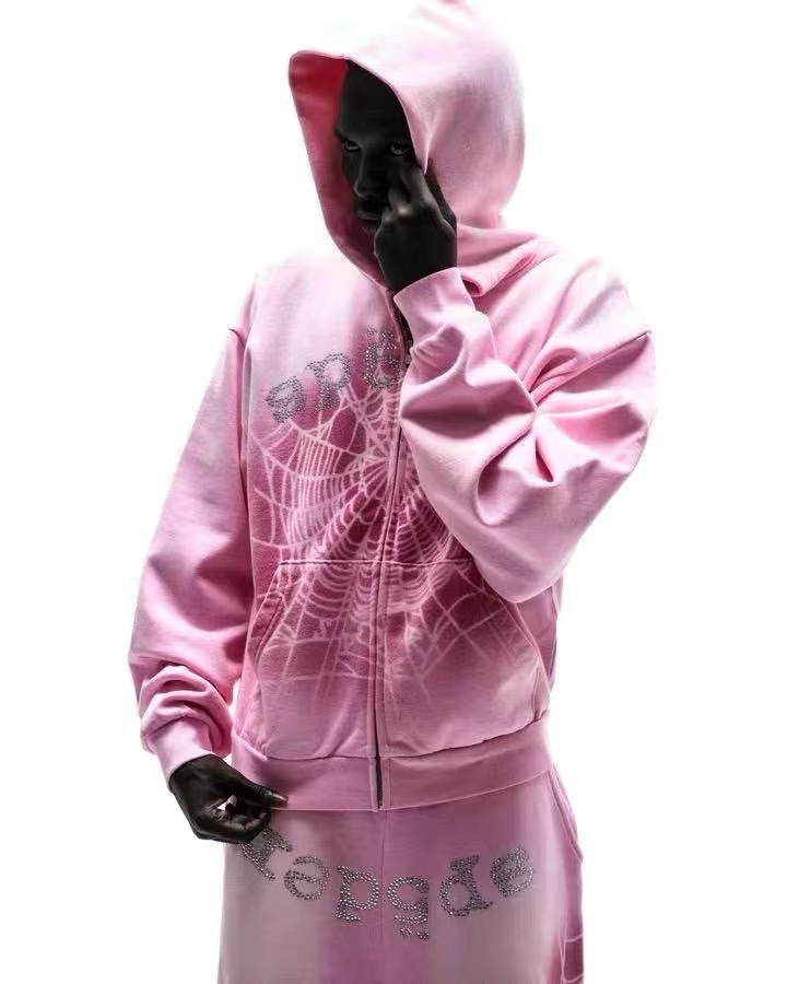1:1 High Quality Sp5der Rhinestone Red shadow Net Pink zipper Hoodie Shorts