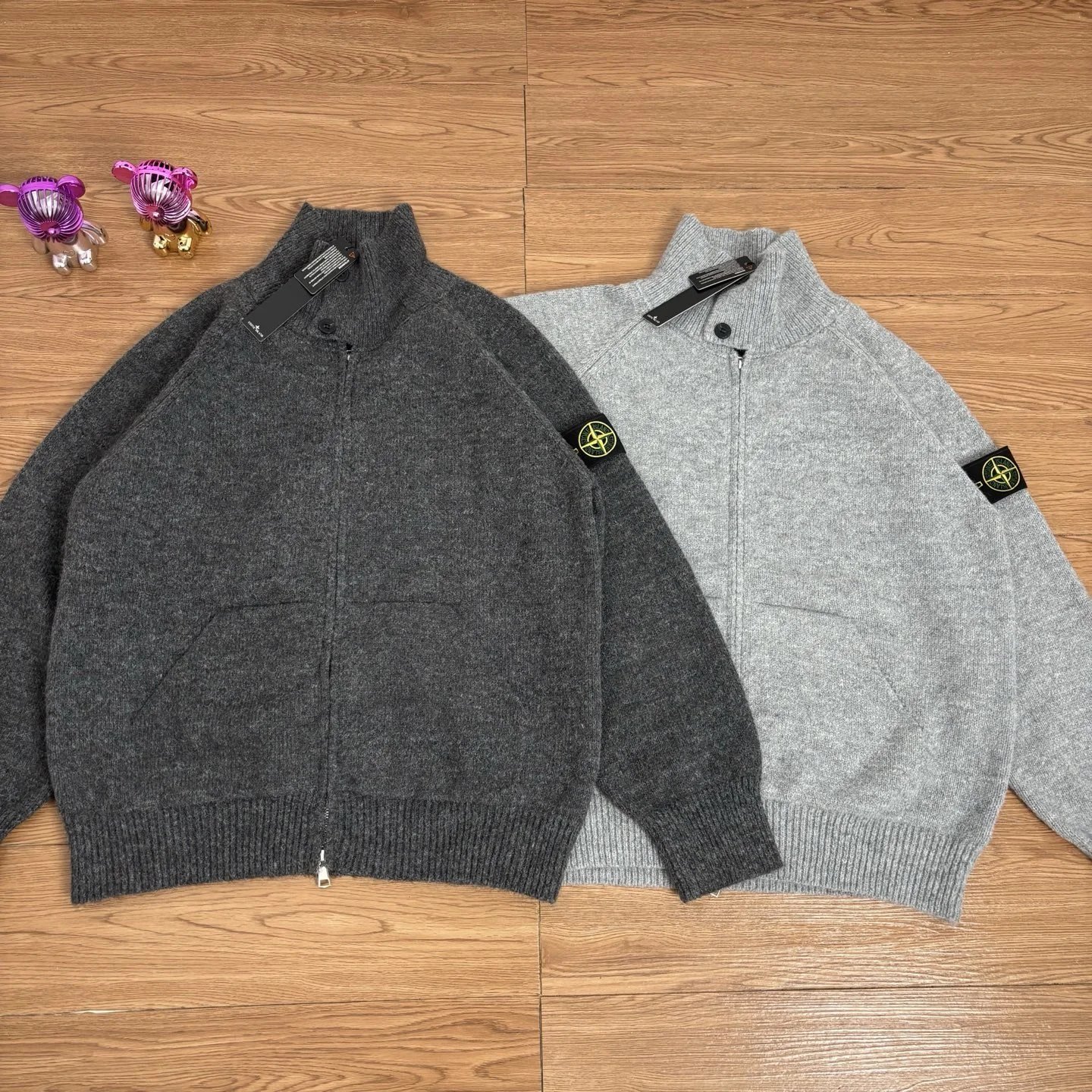 St0ne Island High-neck Knitted Sweater Coat Black Grey