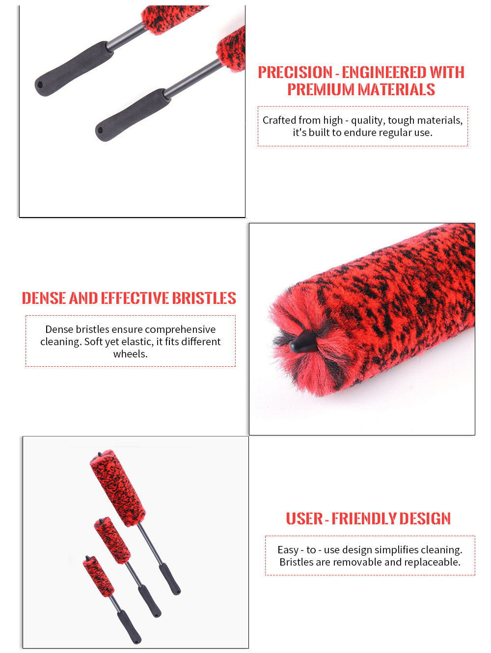 ODM OEM Wholesale 3-piece set Wool Red Wheel Hub Cleaning Brush
