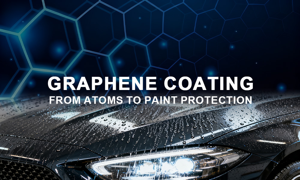Graphene atomic structure paired with water beading on car paint