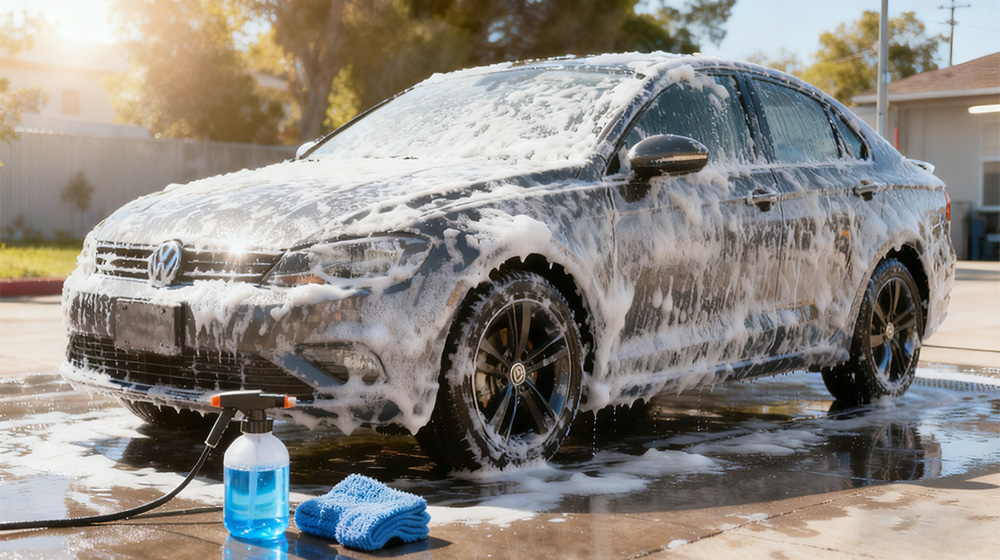 Professional car washing scene