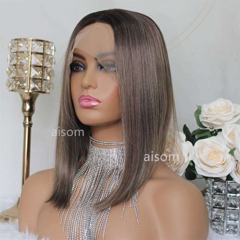 Straight Short Bob Wig Brown Straight Lace Front Wigs For Women Synthetic Bob Lace Frontal Wig Natural Color Hair Roots