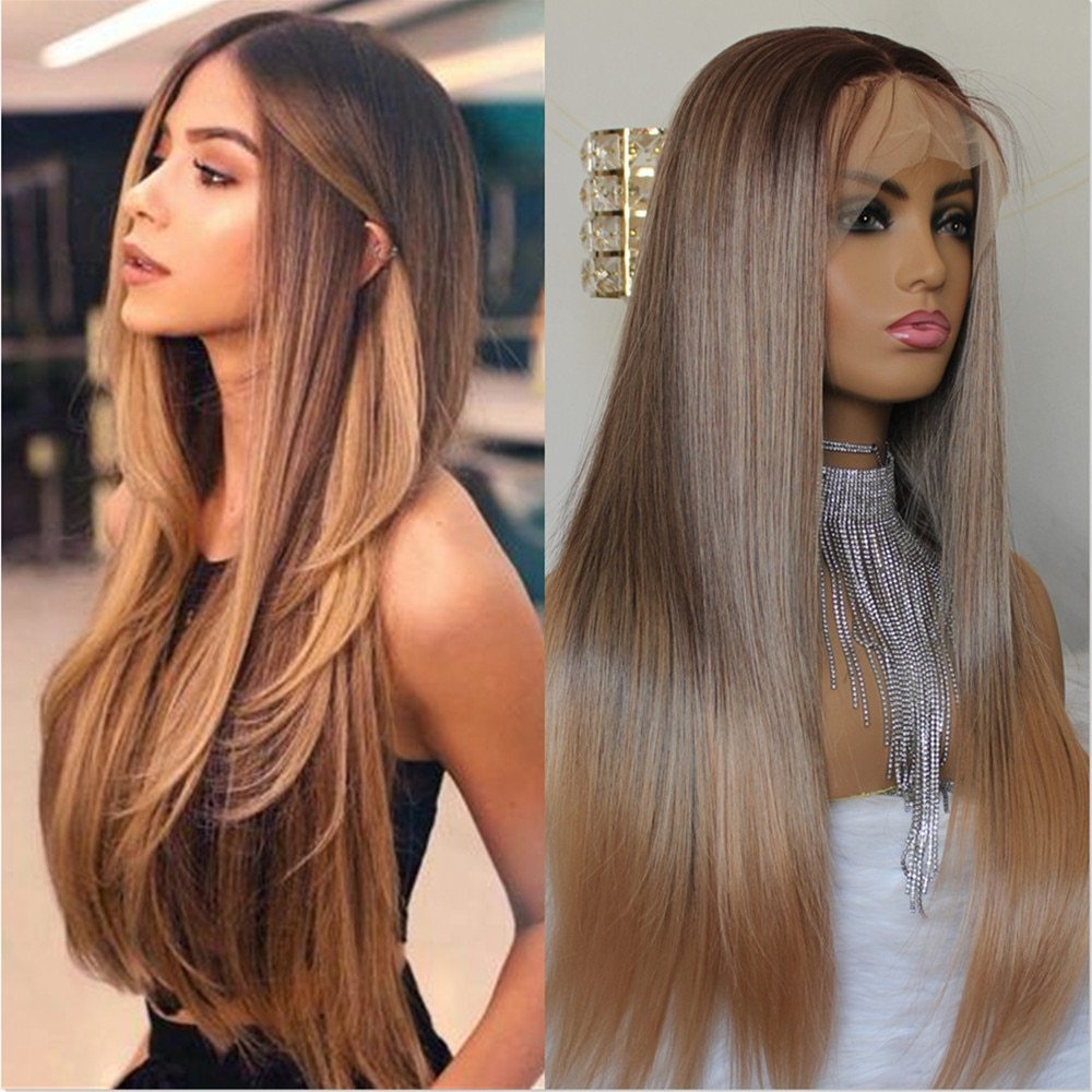 Synthetic Lace Front Wigs Long Straight Ombre Brown Wig Ash maroon Lace Wigs for Women Highlight Synthetic Wig 24"