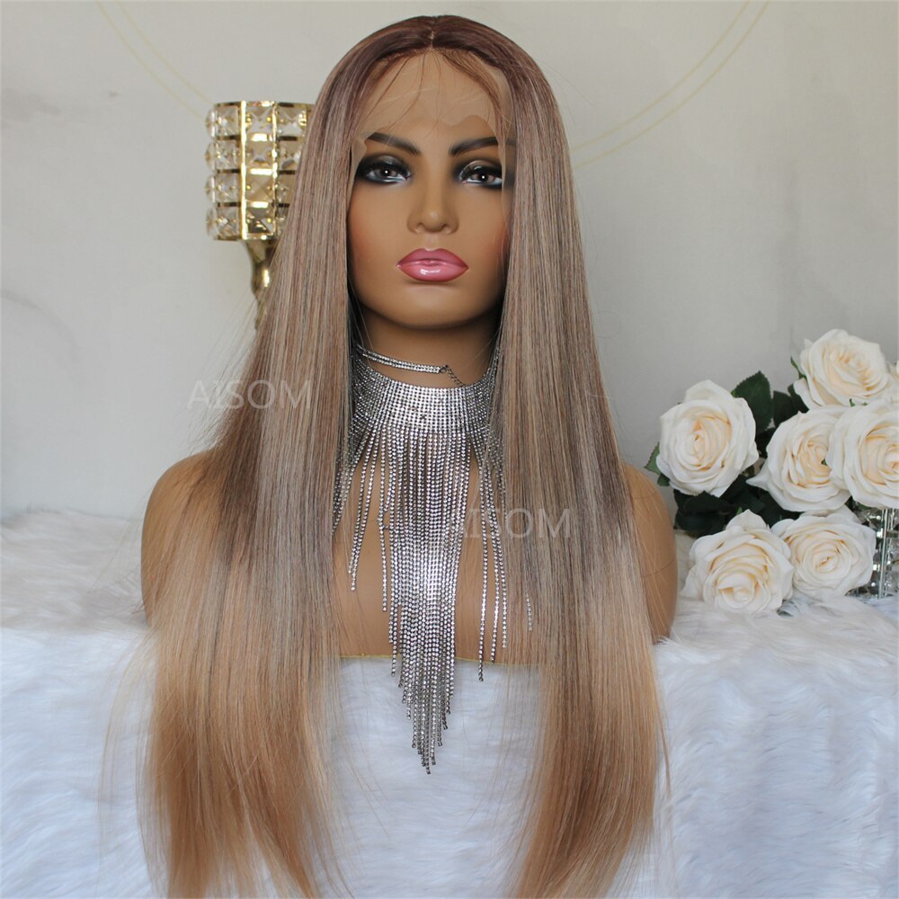 Synthetic Lace Front Wigs Long Straight Ombre Brown Wig Ash maroon Lace Wigs for Women Highlight Synthetic Wig 24"