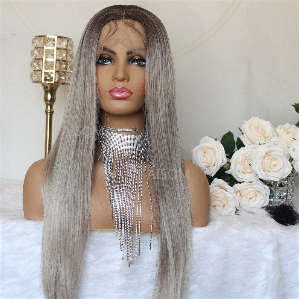 Ash Grey Lace Front Wigs For Women Synthetic Ombre Lace Frontal Wig Dark Roots Ash Brown Long Wig Lace Front Synthetic Wigs 24"