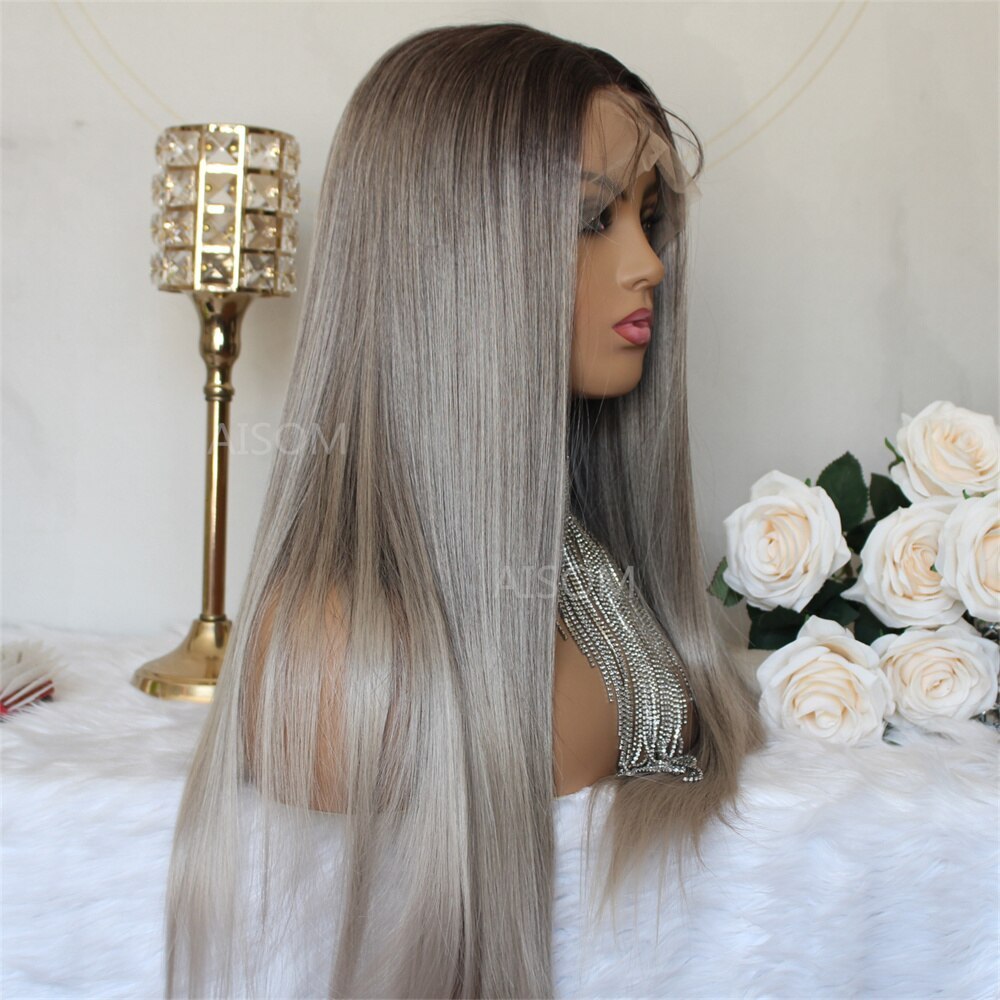 Ash Grey Lace Front Wigs For Women Synthetic Ombre Lace Frontal Wig Dark Roots Ash Brown Long Wig Lace Front Synthetic Wigs 24"