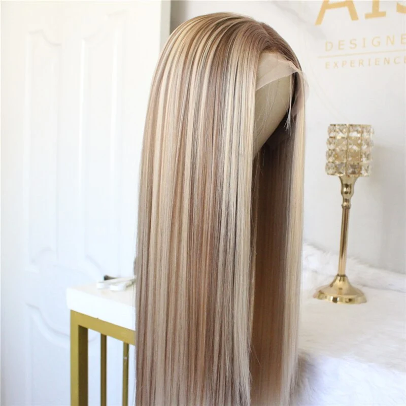 Blonde Lace Front Wig Ombre Synthetic Hair Wig Middle Part Highlight Wig Long Straight Hair 22 inch