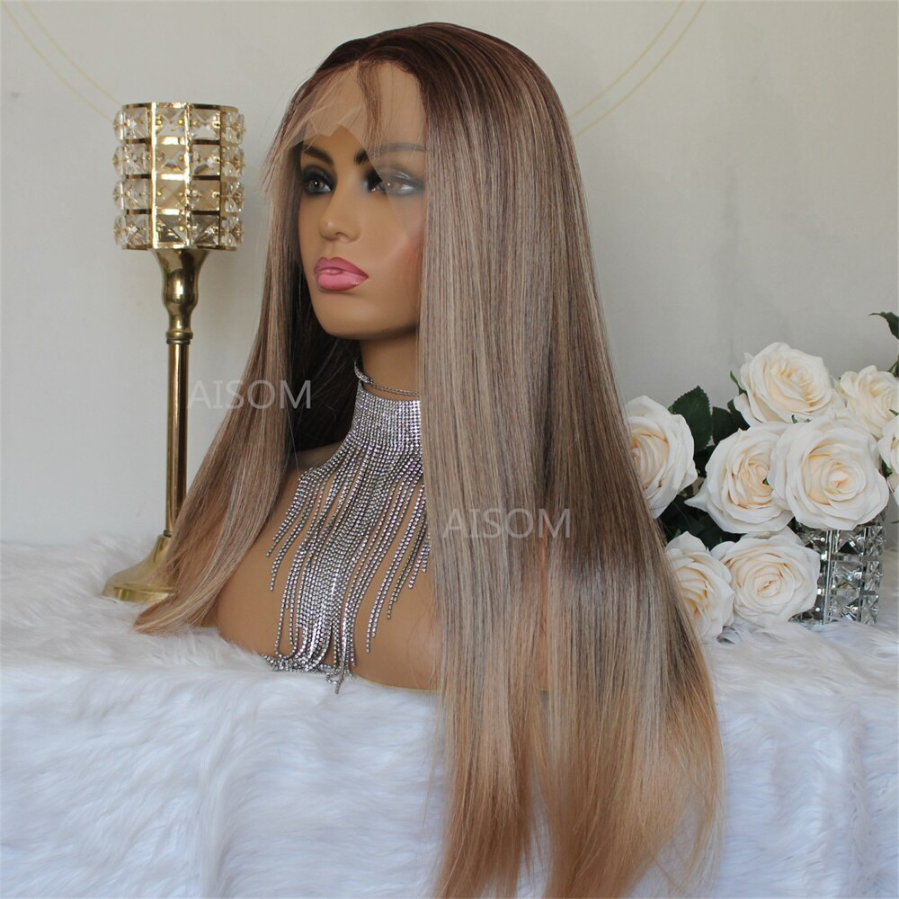 Synthetic Lace Front Wigs Long Straight Ombre Brown Wig Ash maroon Lace Wigs for Women Highlight Synthetic Wig 24"