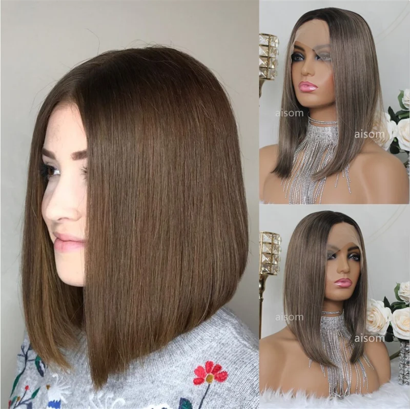 Straight Short Bob Wig Brown Straight Lace Front Wigs For Women Synthetic Bob Lace Frontal Wig Natural Color Hair Roots