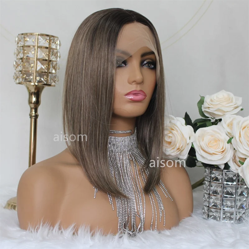 Straight Short Bob Wig Brown Straight Lace Front Wigs For Women Synthetic Bob Lace Frontal Wig Natural Color Hair Roots