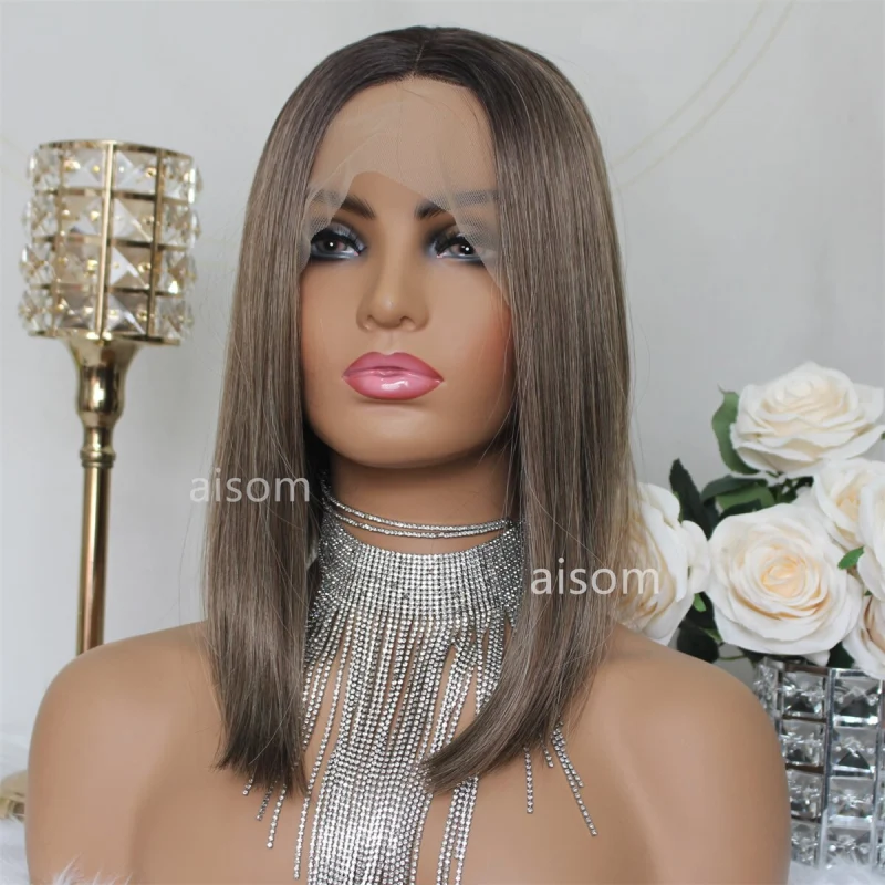 Straight Short Bob Wig Brown Straight Lace Front Wigs For Women Synthetic Bob Lace Frontal Wig Natural Color Hair Roots