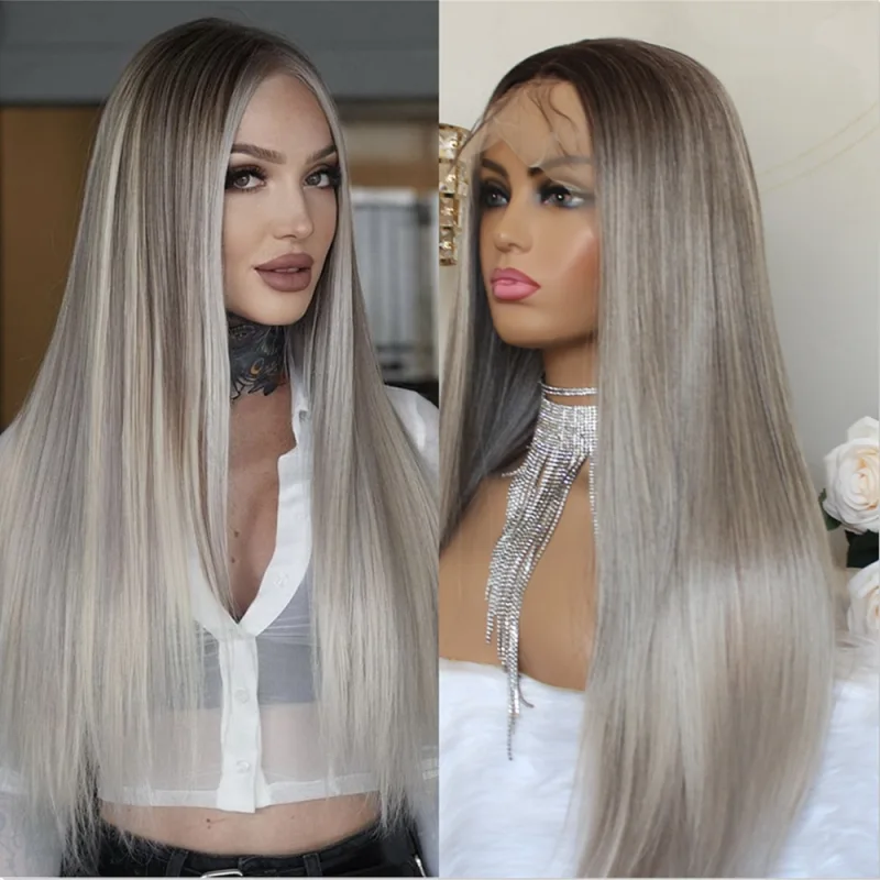 Ash Grey Lace Front Wigs For Women Synthetic Ombre Lace Frontal Wig Dark Roots Ash Brown Long Wig Lace Front Synthetic Wigs 24"