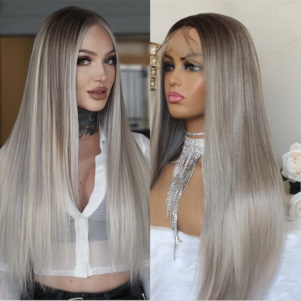 Ash Grey Lace Front Wigs For Women Synthetic Ombre Lace Frontal Wig Dark Roots Ash Brown Long Wig Lace Front Synthetic Wigs 24"